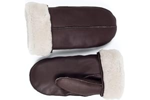 Zavelio Men's Premium Shearling Sheepskin Leather Fur Mittens Brown Beige X-Large