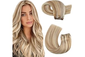 Moresoo Sew in Hair Extensions Real Human Hair Blonde Highlights Remy Human Hair Weft Extensions Medium Brown with Blonde Sew in Weft Hair Extensions Human Hair 100g 18 Inch