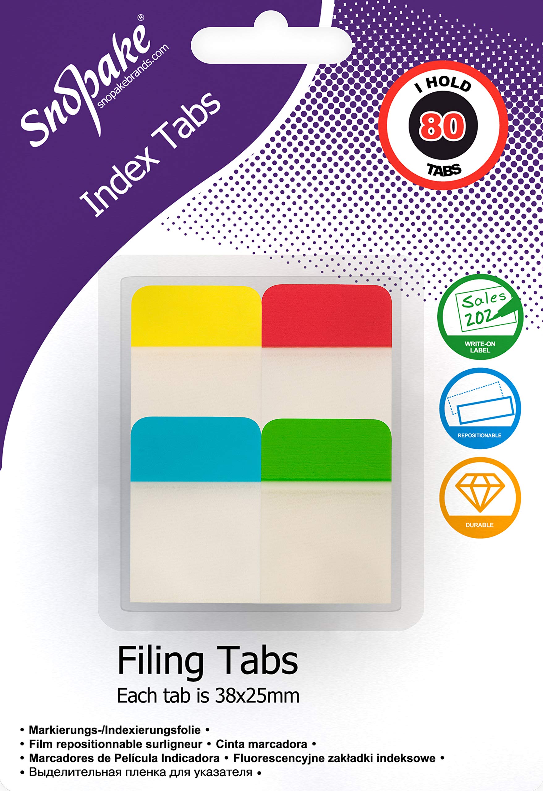 Snopake Extra Thick Repositionable Filing Index Tabs 38x25mm – 80 Tabs [Assorted/Semi-Transparent] 15882