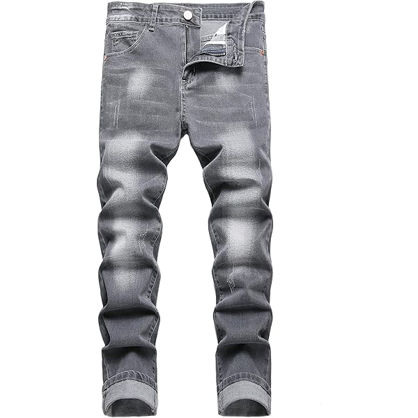 Men's Stretch Straight Leg Jeans Mid Waist Slim Fit Washed