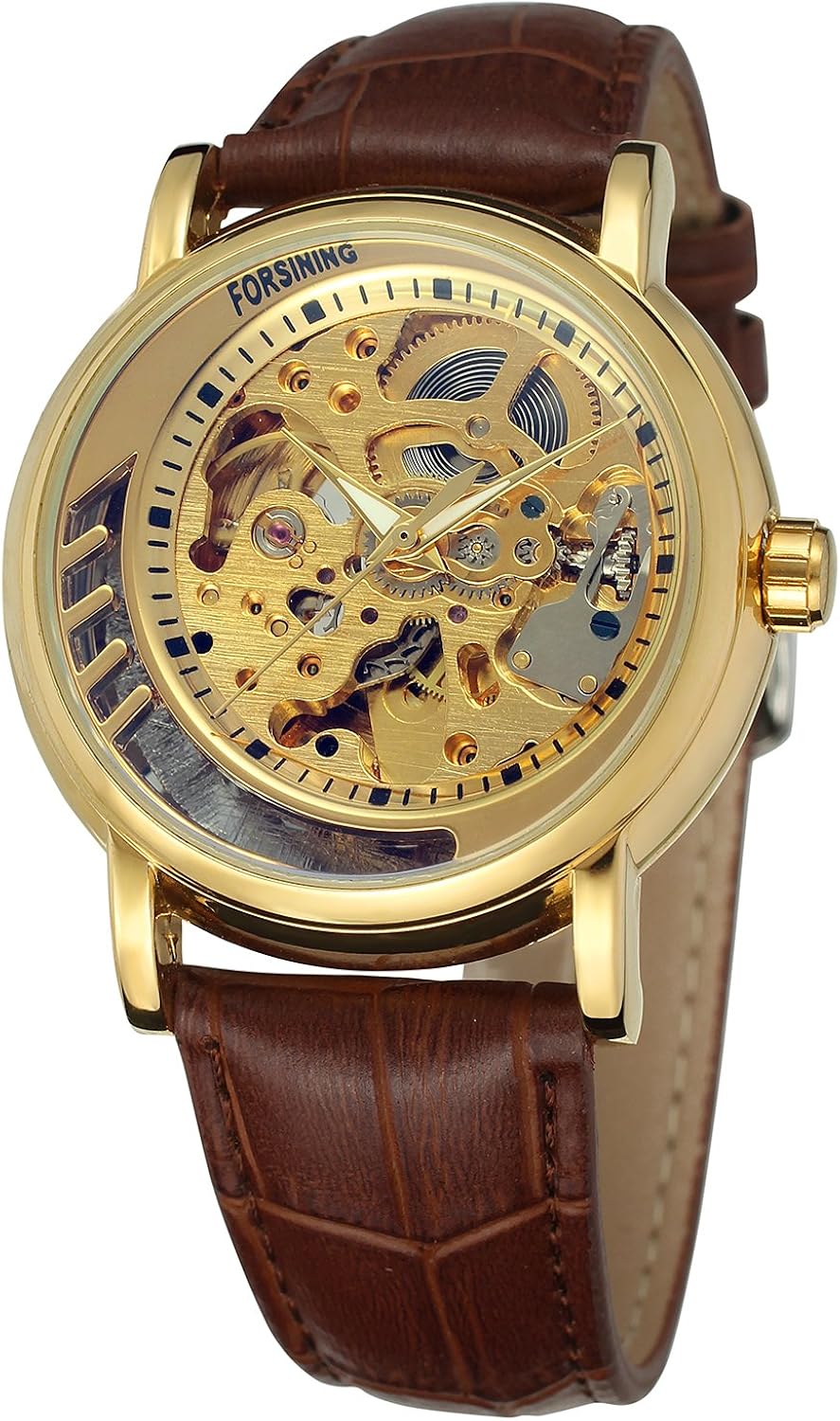 Forsining 8281 orologio da polso di lusso per il tempo libero da uomo cinturino in vera pelle impermeabile con funzione di riserva di carica dei personaggi della luna