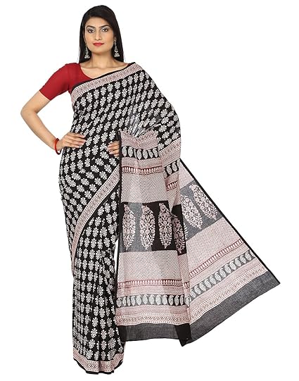 Finest Quality Cotton - Handmade Black base Saree with Red and White Booti and Bold Prints - Bagh Block Print Saree with Blouse Piece