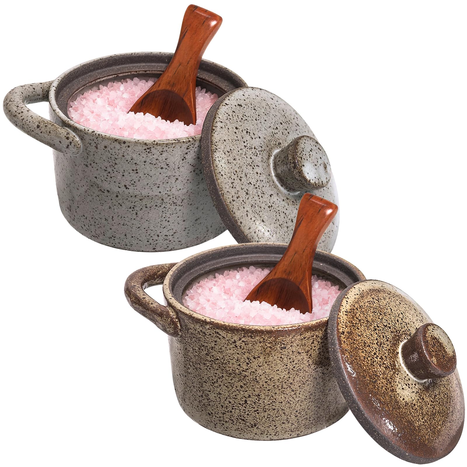 Photo 1 of 2 Set Speckled Ceramic Salt Cellar with Lid and Wooden Spoon, Vintage-Inspired Kitchen Storage, Farmhouse Salt Pepper Cellar Holder, Thoughtful Housewarming Gift for Sea Salt, Granulated Sugar