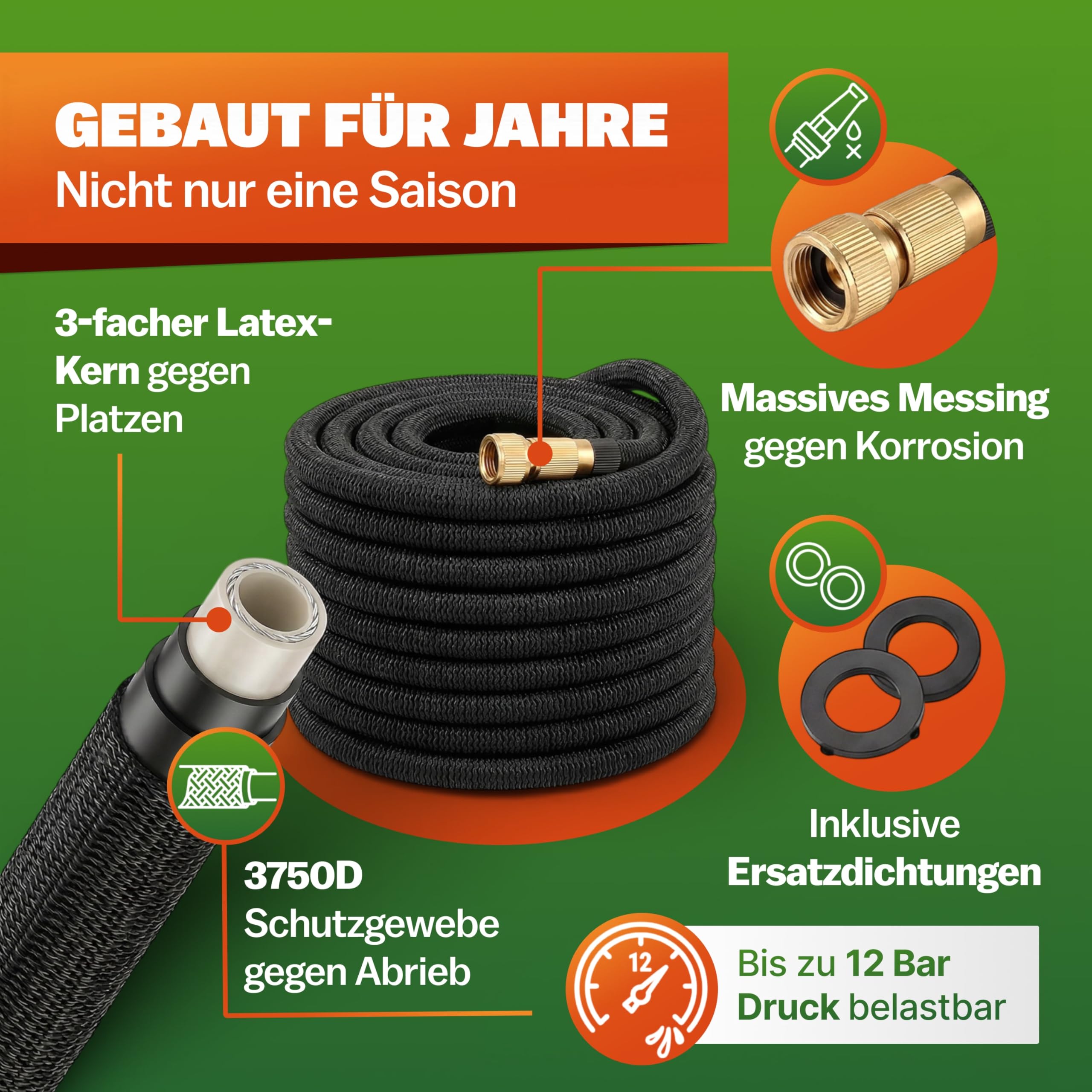 GARDEBRUK® Flexibler Gartenschlauch 30m 3fach Latexkern Vollmessing Adapter 1/2' 3/4' Zoll Wandhalterung Tasche Flexschlauch Wasserschlauch Schwarz 3