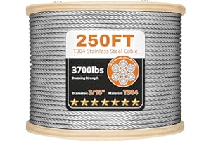 MARIOCSA Thickened 3/16" Stainless Steel Cable, 250ft Wire Rope, 7X19 Strands Aircraft Cable, 3700lbs Breaking Strength, Zip Line for Heavy Duty Applications, Deck Railing, String Lights & Yard Zipline