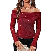 VAFOLY Women's Off The Shoulder Long Sleeve Sexy Slimming Chiffon Sheer Mesh Ruched Blouse Tops