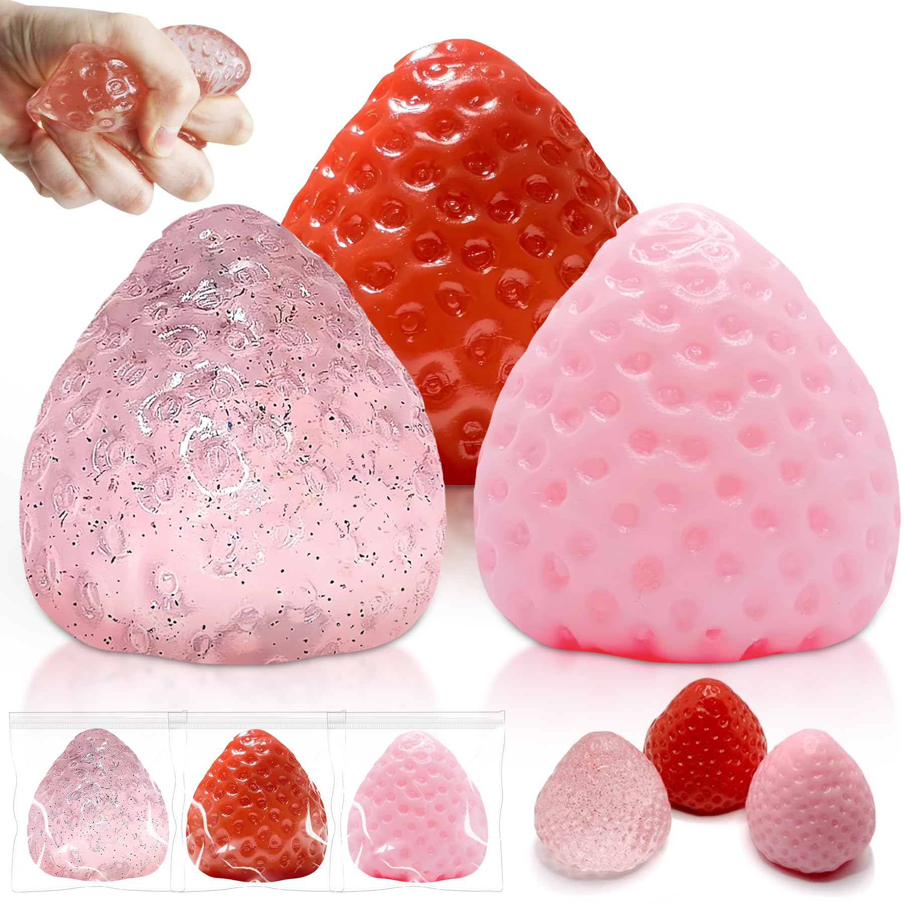 Photo 1 of 3Pcs Big Taba Squishies Strawberry, Cute Strawberry Squeeze Toys, Upgrade Fruit Squishies, Kawaii Sticky Stress Toys, Clear Fidget Toys, OPP Packaging Gifts & Perfect Desk Accessory for Kids Adults