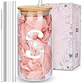 Personalized Tumbler, Monogrammed Can Glass Cups with Bamboo Lids and Straws, Customized Gifts for Women, Cute Design Initial Iced Coffee glasses, Custom Letter Mug, Birthday Bridesmaid, S