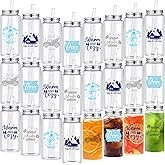 Skylety 24 Pcs Winter Cups 13.5 oz Reusable Plastic Cups with Lids and Straws Snowflake Tumbler Winter Tumbler for Coffee Wine Drinks for Decoration Party, 6 Styles