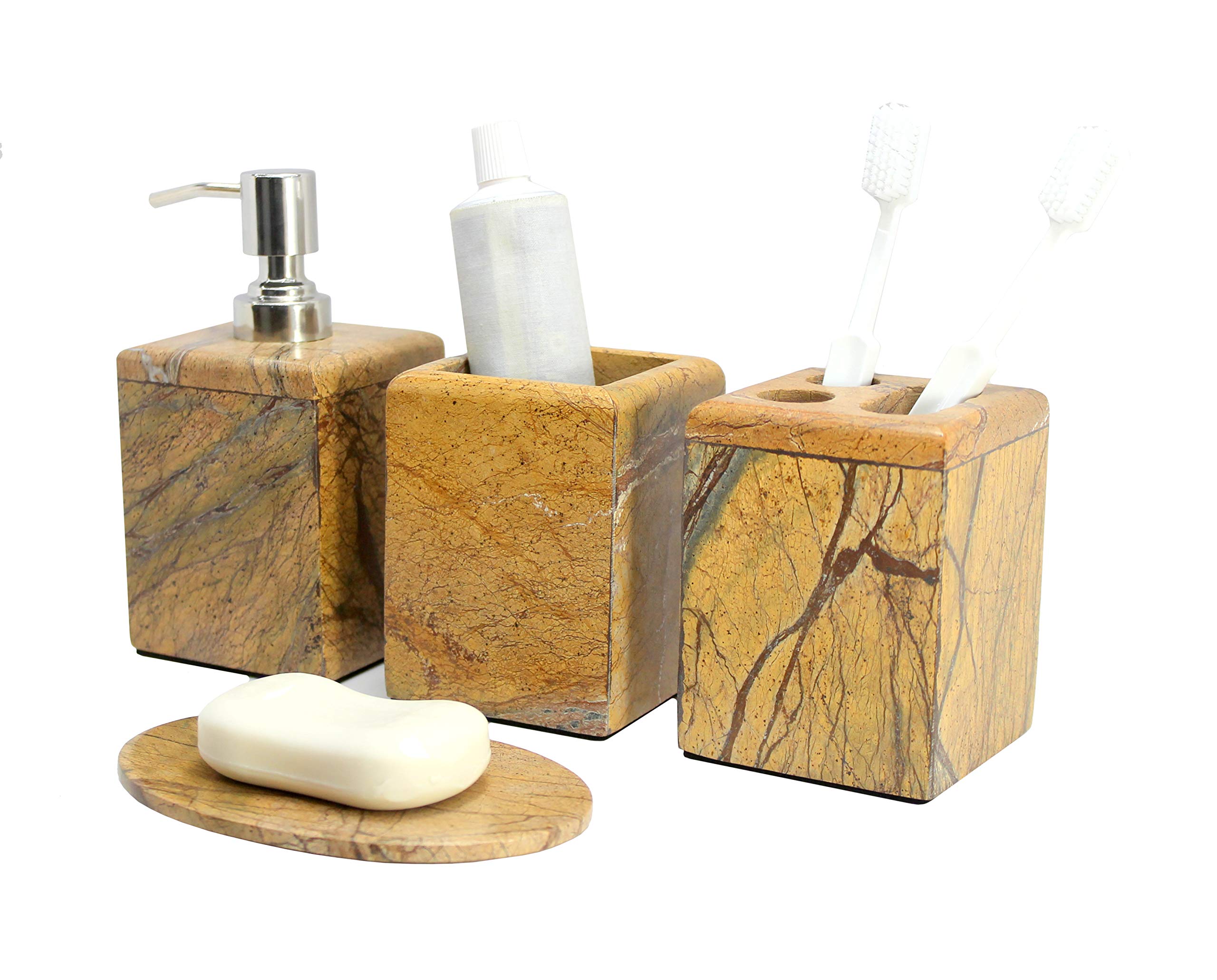 KLEO - Bathroom Accessory Set made from Natural Stone - Bath Accessories set of 4 includes Soap Dispenser, Toothbrush Holder, Tumbler and Soap Dish (Brown)