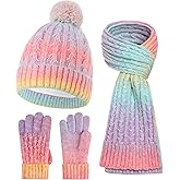 Winter Hat Gloves Scarf Set for Kids, Girls Toddler Pom Pom Knit Beanie Hat and Glove Set for Christmas Gift