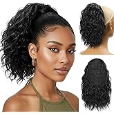 Detean 10 inch Ponytail Extension Drawstring Ponytail for Black Women Short Wavy Curly Ponytails Fluffy Natural Looking Pony Tails Hair Extensions Synthetic Hairpiece (1B)