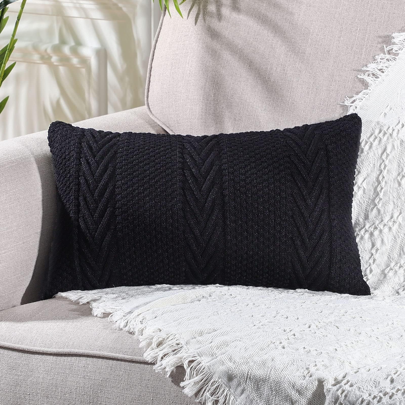 Mandioo Cotton Knitted Decorative Rectangle Black Cushion Covers 30cm x 50cm 12x20 Inch Soft Cozy Outdoor Throw Pillow Cases Luxury Modern Pillowcases for Couch Sofa Bed Livingroom