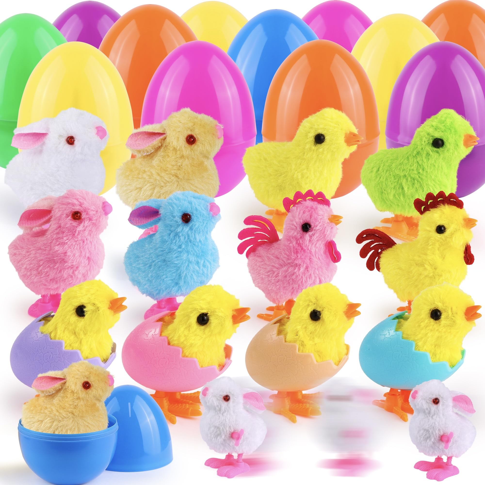 Photo 1 of 12 Pack Jumbo Easter Eggs Fillers with Wind Up Chicks Bunny Plush, Colorful Easter Plastic Egg with Wind Up Toys, Easter Basket Stuffers with Toys Inside, Easter Egg Hunt Party Favor for Kids Toddlers