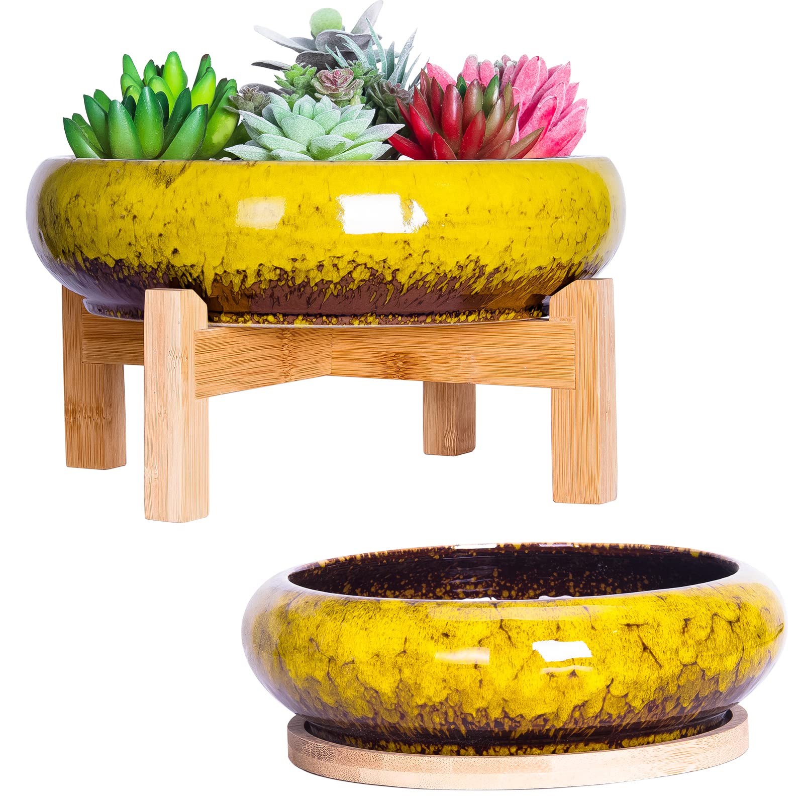 ARTKETTY Plant Pots Indoor - 18.5/25 CM Large Bonsai Pots with Trays Set of 2, Colorful Succulent Plant Pots Ceramic Pots for Cactus Plants Garden Decorative Flower Pot