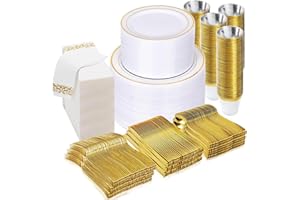 700 Piece Dinnerware Set for Wedding & Party,100 Guest RimPlastic Plates,100 Plastic Silverware,100 Cups,100 Linen Like Napki