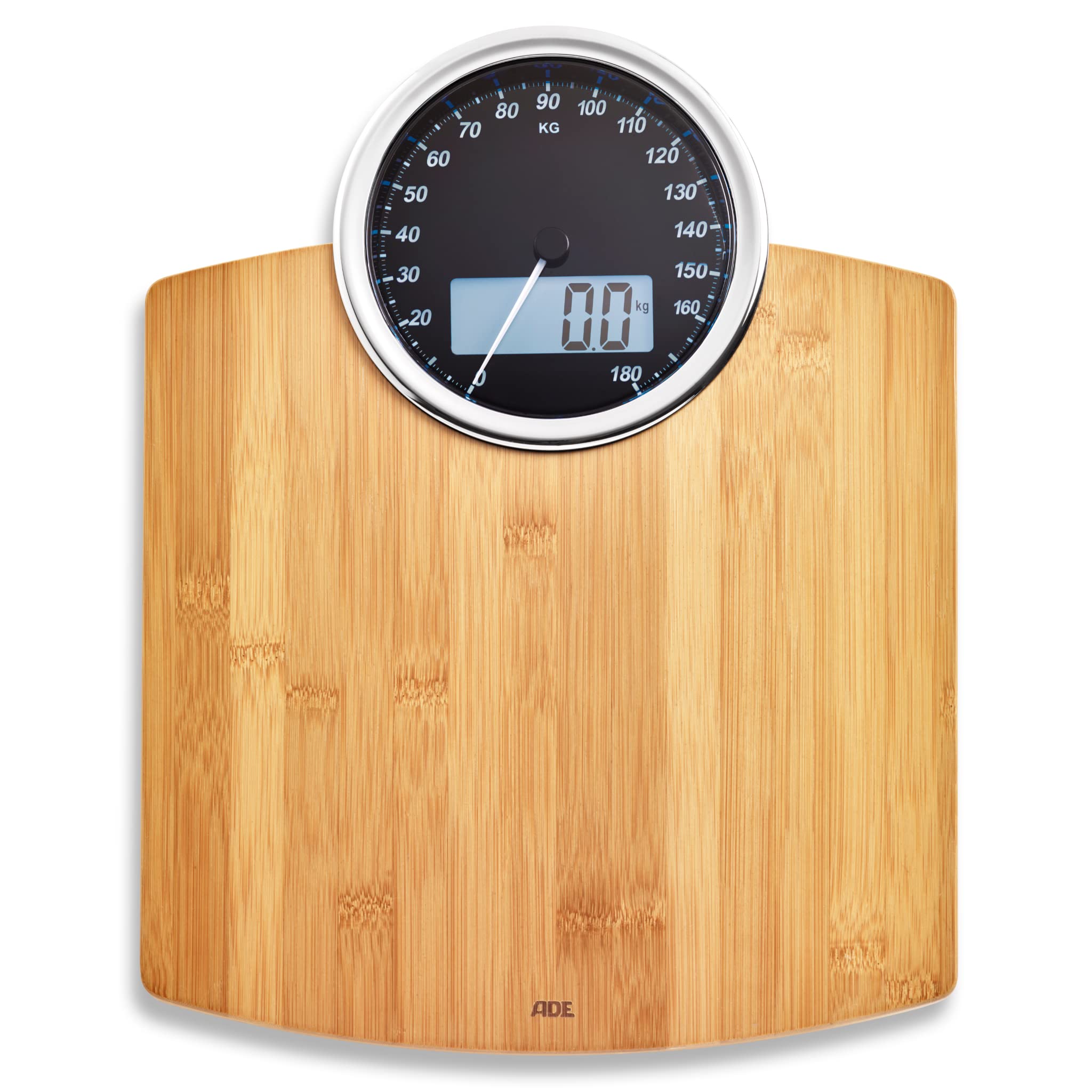 ADE BE1719 Luna Digital Bathroom Scale, Dual indicator : Mechanical and Digital. Precise up to 180kg. Surface made of tempered glass. Bamboo wood.