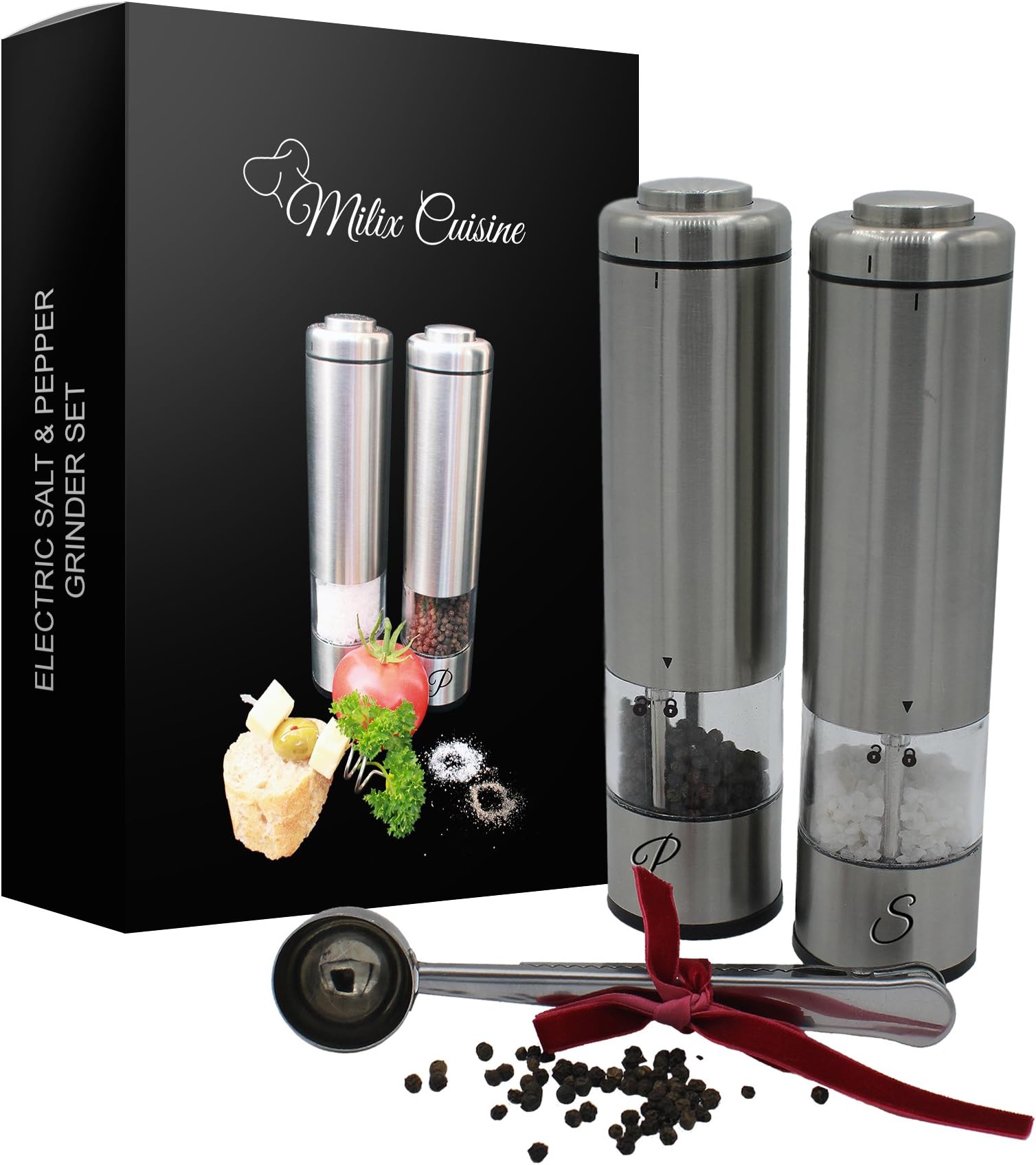 New Milix Cuisine: Electric Salt and Pepper Grinder Set (Pack of 2 Mills) - Battery Operated - LED Light - Ceramic Mill & Adjustable Coarseness - Protecting Cap - Complimentary Stainless Steel Scoop