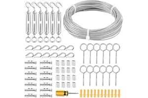 fshihine Garden Wire Turnbuckle Wire Tensioner Kit with Wire Rope Cable 100FT, 5/64" Coated 304 Stainless Steel, Cable Railing Kit/String Light Hanging Kit/Picture Wire for Decking Fence Plants