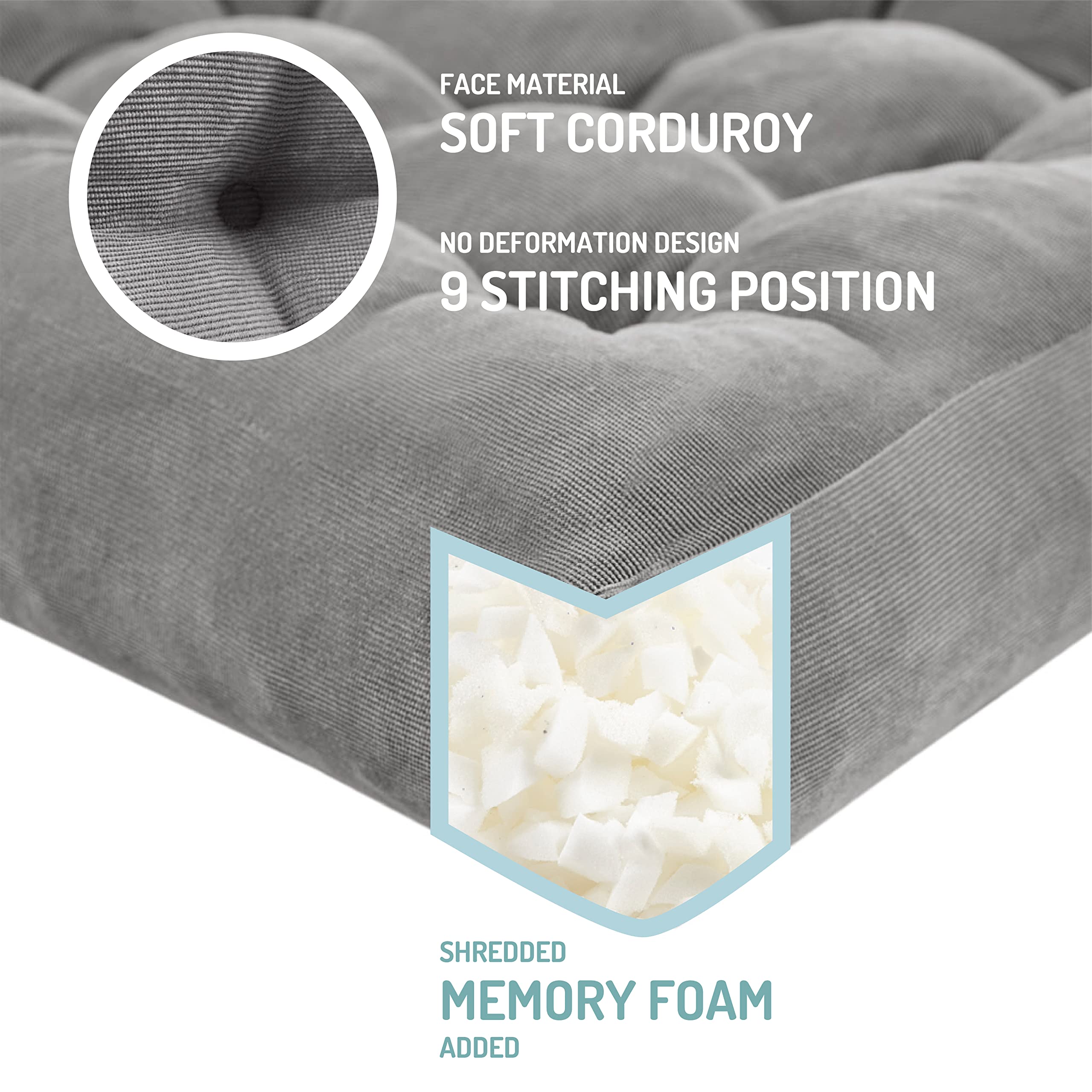 Degrees of Comfort Meditation Floor Pillow, Square Large Pillows Seating for Adults, Gray Tufted Corduroy Cushions for Outdoor Yoga Tatami Fireplace Living Room, Grey, 22x22 Inch - Image 2
