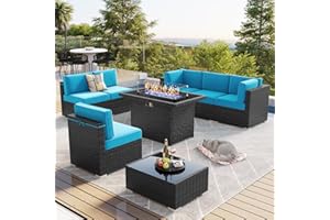 LayinSun 8 Piece Patio Furniture Set with 44" Propane Gas Fire Pit Table, Outdoor Sectional Conversation Set Wicker Rattan Sofa Set with Coffee Table