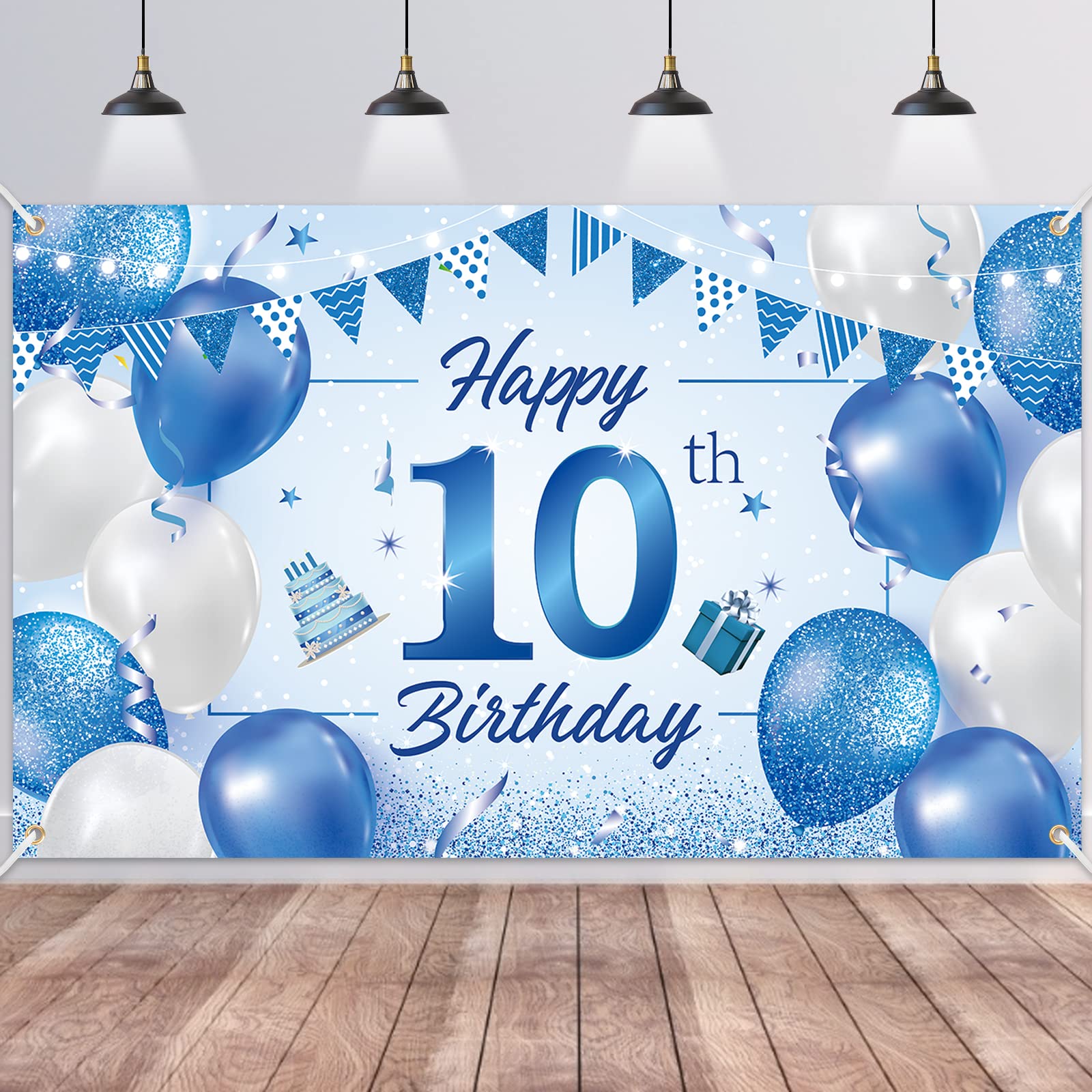 BTZO Happy 10th Birthday Decorations, Blue White Fabric Photo Backdrop Background for Boys and Girls Party, 180×110cm