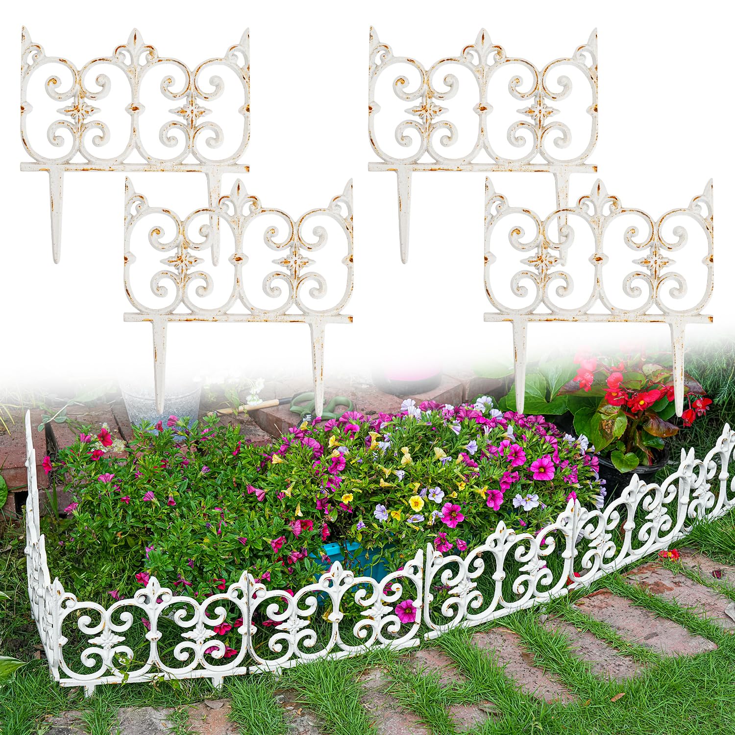 Photo 1 of Sungmor Decorative Cast Iron Garden Edging, 4 Pack Rustic White Victorian Garden Edging Landscape Border, Vintage Metal Yard Stake Low Picket Fence, 10.6" Tall Outdoor Flower Bed Lawn Fence Panels
