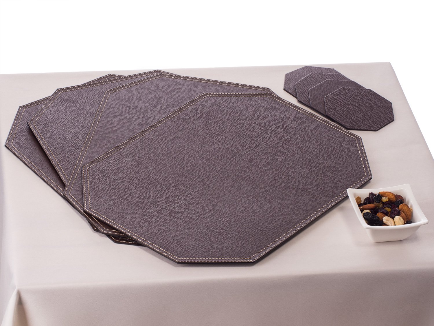 Nikalaz Set of Brown Octagon Placemats and Coasters, 4 Table Mats and 4
