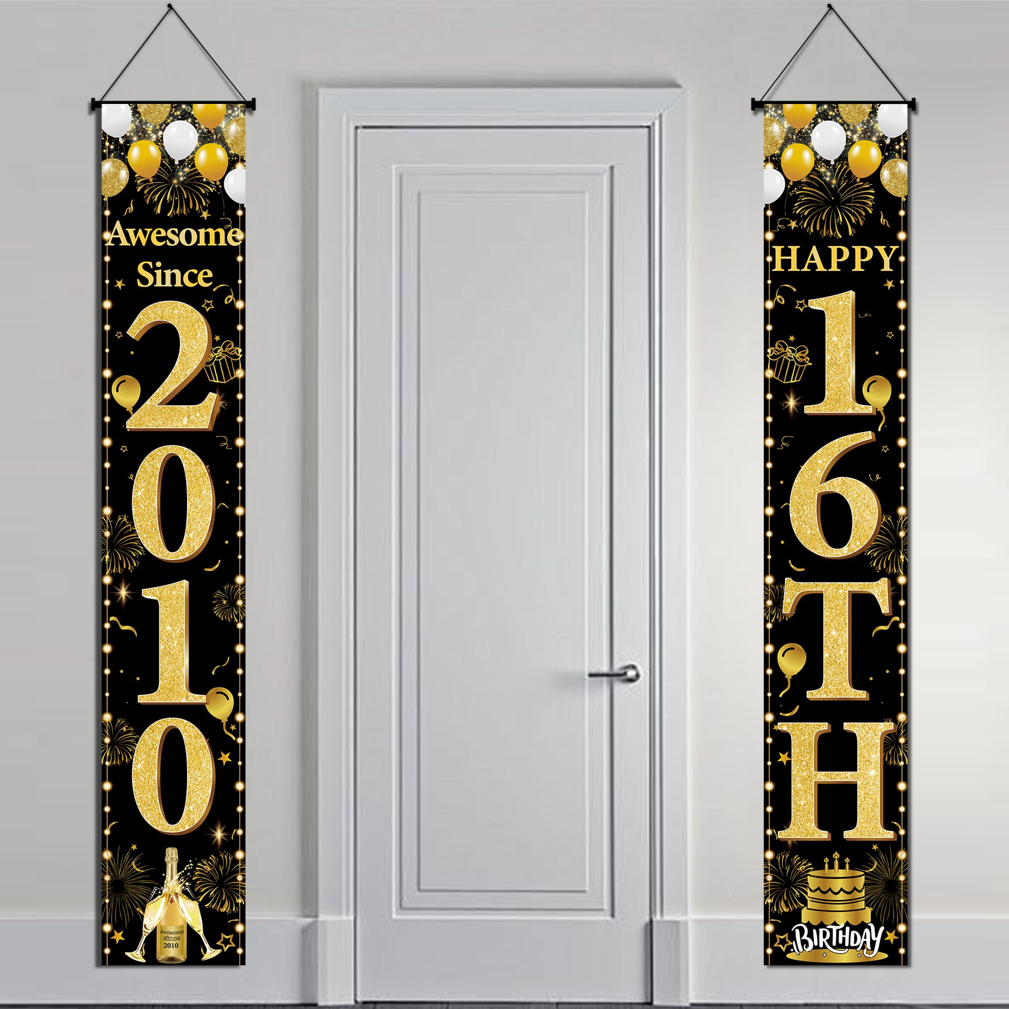 16th Birthday Decorations Door Banner - Black Gold Awesome Since 2010 Happy 16th Birthday Party Door Porch Sign for Teenager Sweet 16 Girls Boys Party Photo Booth Background Decor, 180 × 30 cm