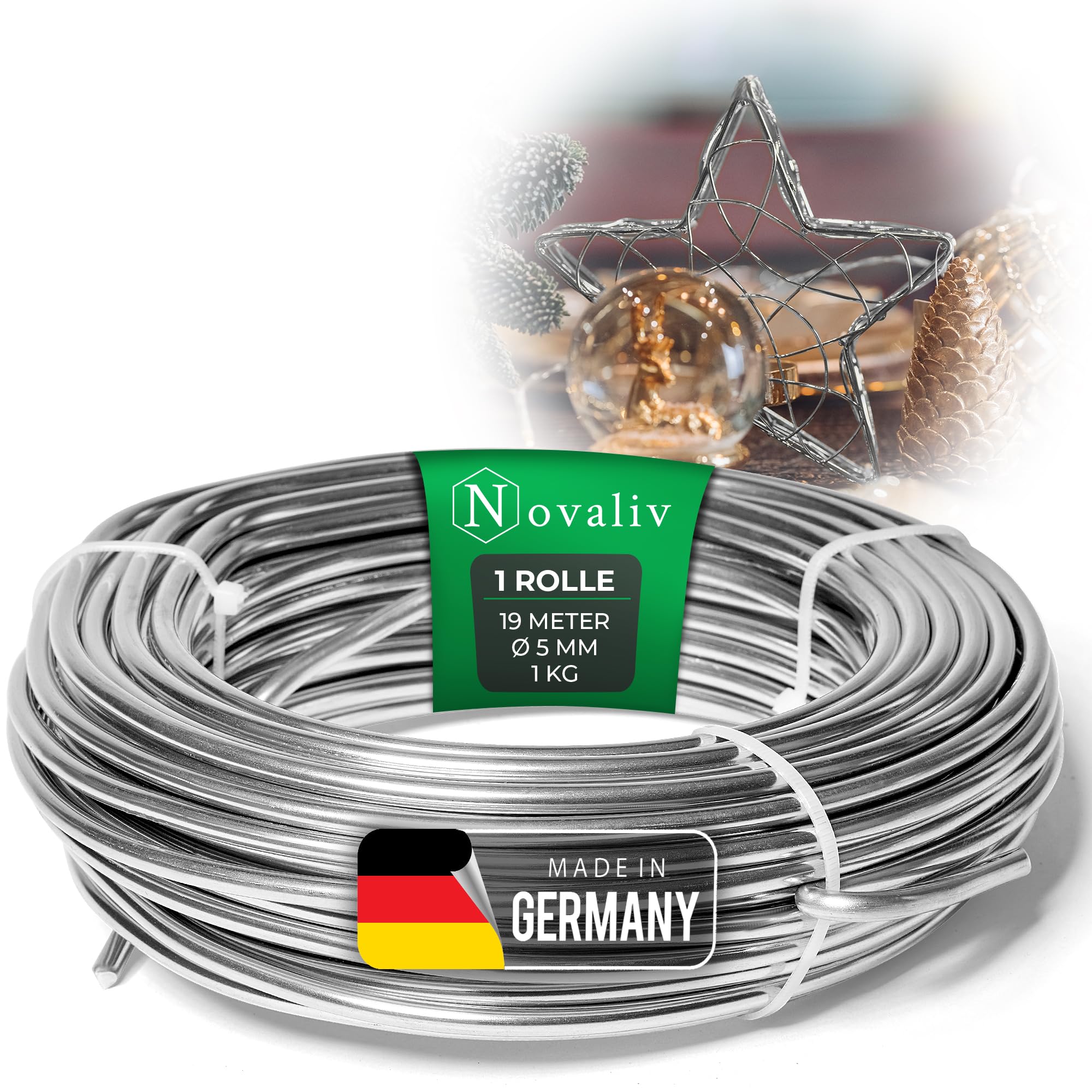 Novaliv Aluminium Wire, 5 mm Diameter, Silver, 19 m Length, Ideal for Crafts, Jewellery, Gardening, 1 Roll
