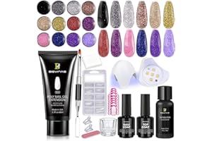BEVINAS Poly Gel Nail Kit with UV Lamp,12 Glitters and 68ml Clear Poly Nail Gel Starter Kit for Poly Gel Nail Extension DIY Home Glitter Poly Gel Kit nail kit for beginners with everything