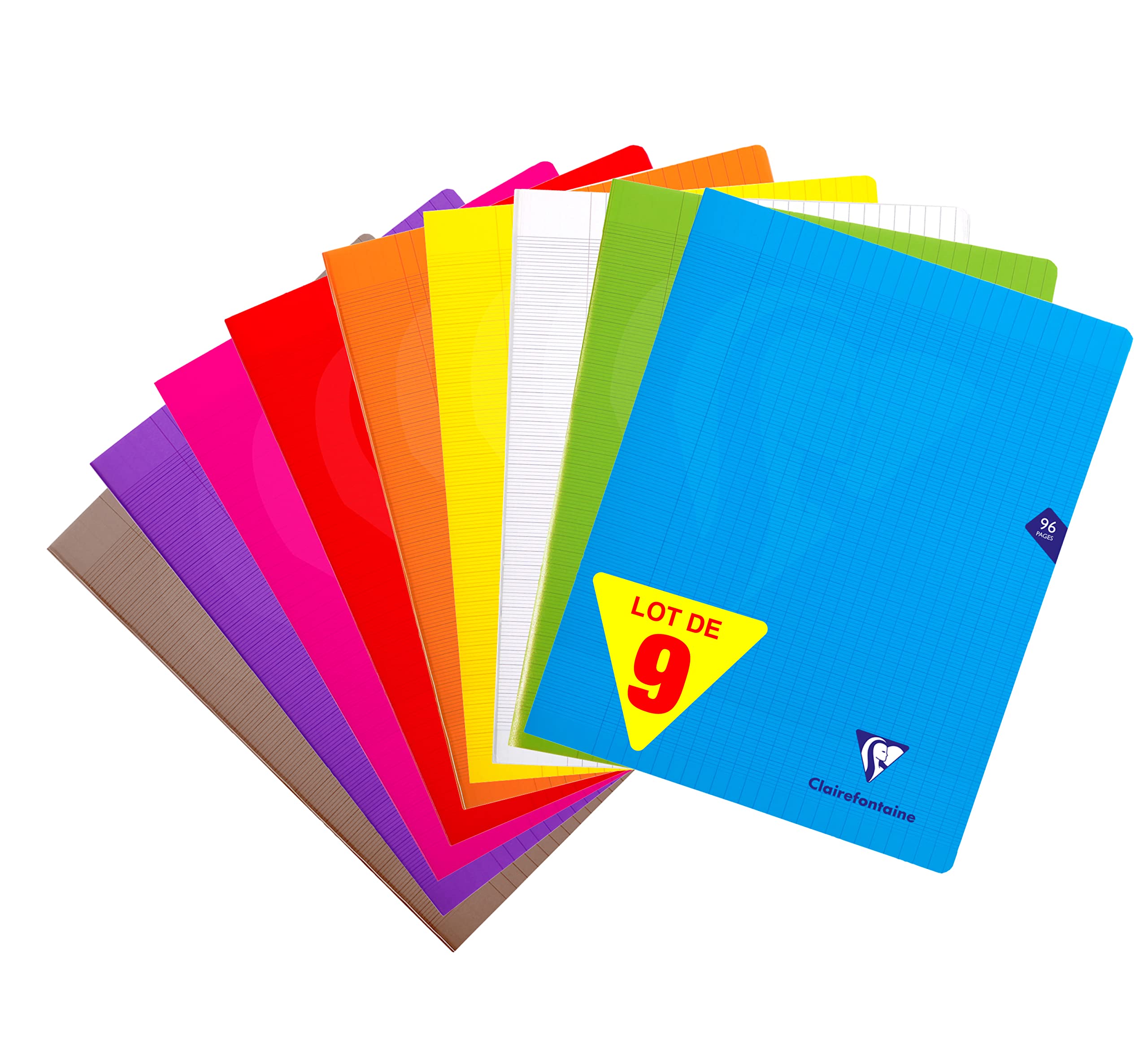 Clairefontaine 299361AMZC Set of 9 Stapled Notebooks - 24x32cm - 96 Squares Pages 90 g - Ast Covers (Blue,Red,Yellow,Green,Grey,Purple,Orange,Pink,Colourless)