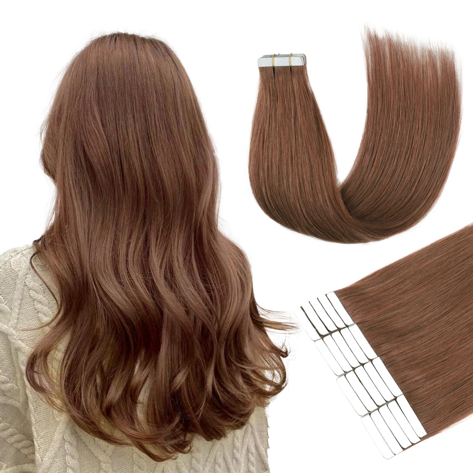 ABH AMAZINGBEAUTY HAIR Tape in Hair Extensions Human Hair Straight Color Copper #33 14inch Natural Skin Weft Remy Tape Hair Extensions 20Pcs 30g