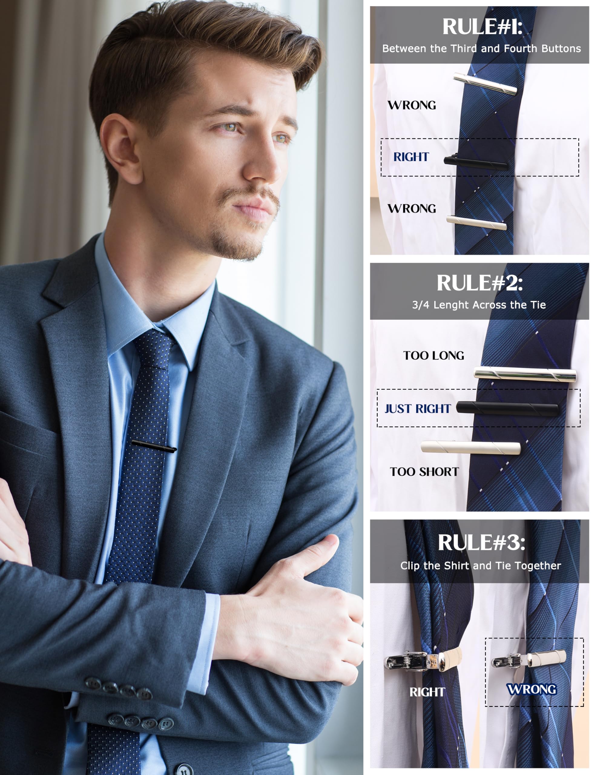 LOLIAS 12Pcs Tie Clips for Men Silver Black 14K Gold Plated Tie Bar for Regular Ties Classic Tie Clasps Necktie Wedding Meeting Business Clips with Gift Box