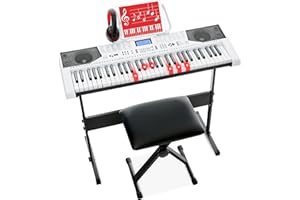 Best Choice Products 61-Key Beginners Complete Electronic Keyboard Piano Set w/Lighted Keys, LCD Screen, Headphones, Stand, Bench, Teaching Modes, Note Stickers, Built-In Speakers - White