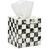 MACKENZIE-CHILDS Boutique Tissue-Box Cover, Black-and-White Courtly Check | Handcrafted design, made from capiz seashell, tissue holder for home decor, 5" square x 6" H