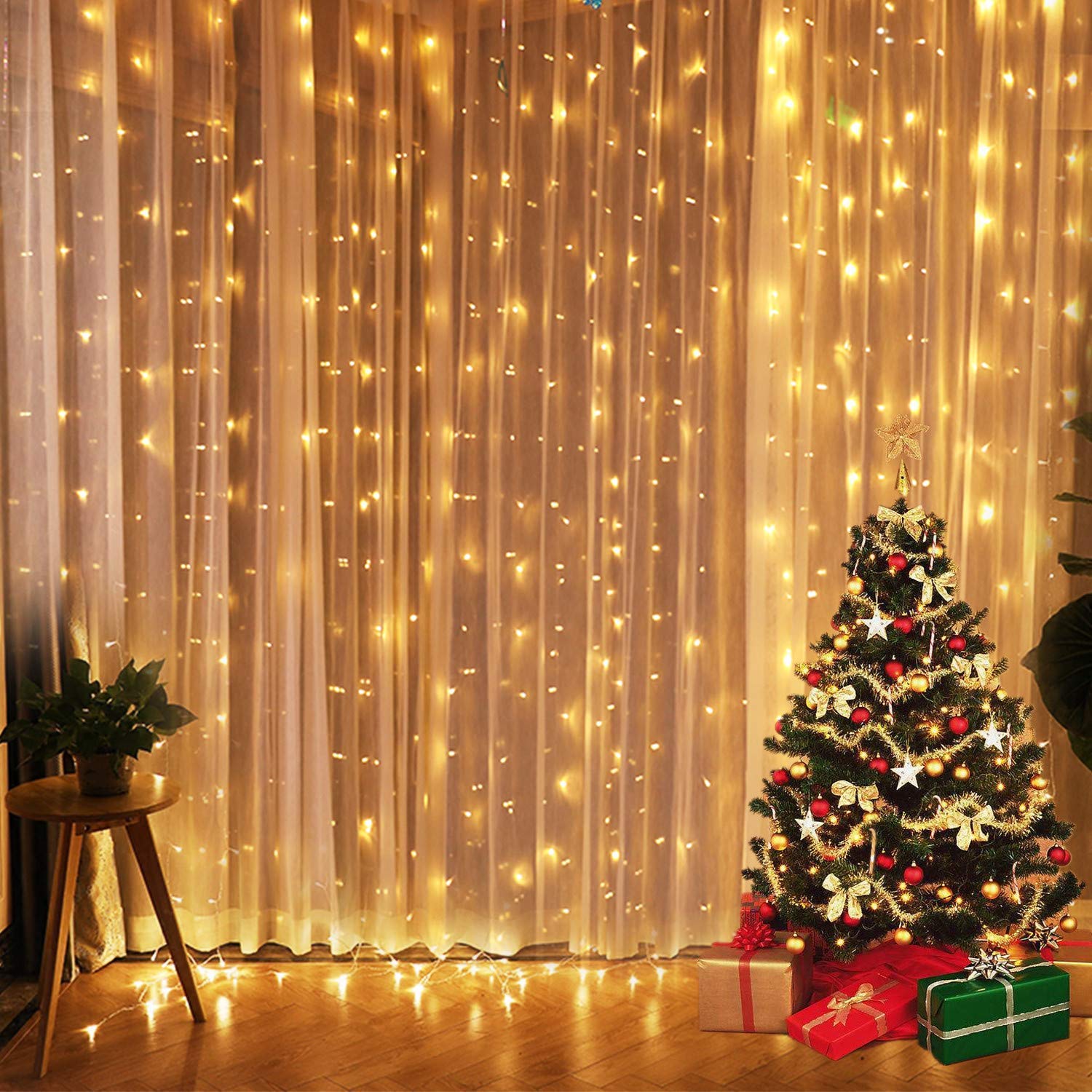 Fairy Light Curtain 3m 300LED Warm White 9.8ft x 9.8ft Waterfall Party Wedding Backdrop Hanging Wall Fairy Lights for Christmas