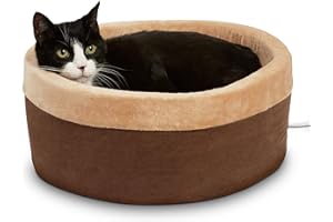 K&H Pet Products Thermo-Kitty Bed Heated Cat Beds for Indoor Cats & Dogs, Calming Warming Pillow Pet Bed, Machine Washable, Removable Heater, Safety Listed - Small 16" Round Mocha/Tan