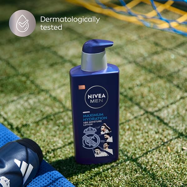 NIVEA MEN REAL MADRID LIMITED EDITION DESIGN MAXIMUM HYDRATION 48-HOUR MOISTURE BODY LOTION FOR DRY SKIN, ALOE VERA LOTION FOR MEN, 3-IN-1 BODY, FACE AND HANDS, 16.9 FL OZ BOTTLE