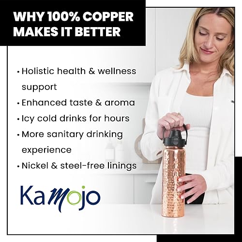 32 Oz Hammered Copper Water Bottle With Straw – Handcrafted, Push Button Lid, Removable Sleeve
