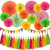 Hawaiian Luau Party Decorations Set Neon Colored Party Hanging Paper Fan Birthday Tissue Pom Poms Streamers Summer Party Supplies Tassel Garland Banner