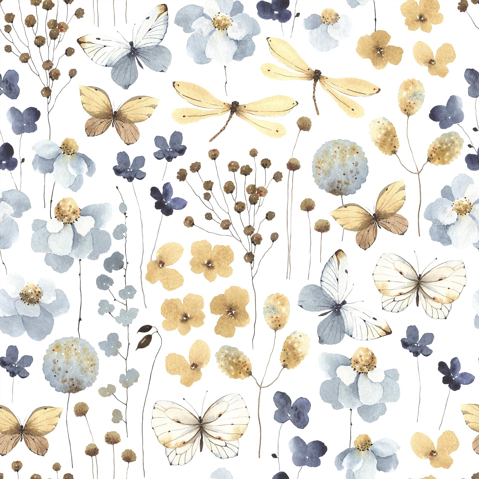 VEELIKE Watercolor Blue Floral Wallpaper Butterflies Dragonflies Flower Wallpaper Vintage 44.5 cm x 300 cm Peel and Stick Contact Paper Patterned Wall Paper for Bedroom Bathroom Cabinet Removable