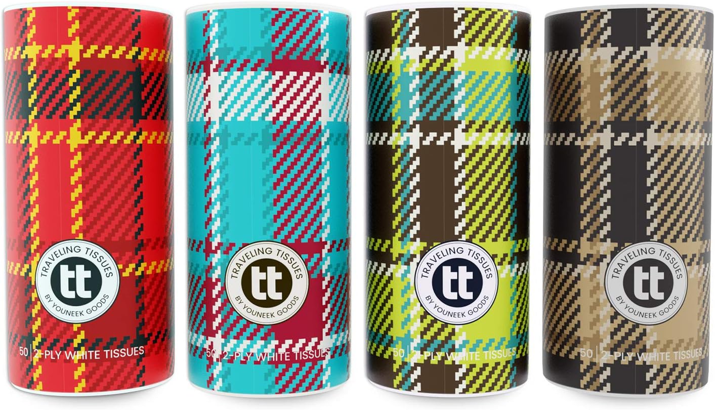 Traveling Tissues Round Cylinder Box Facial Tissues Tubes - 4 Pack, 50 Count Disposable 2 Ply Tissues - Perfect Fit for Car Cup Holder, Travel Bag (Plaid Variety)