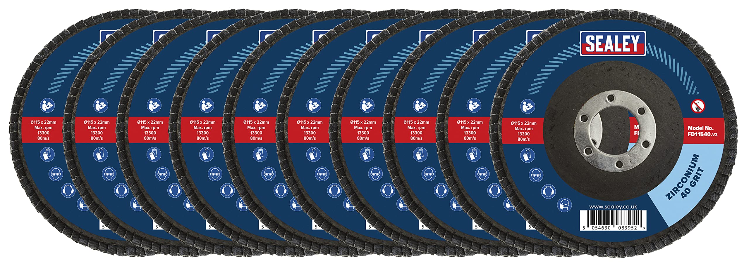 Sealey Zirconium Flap Discs, Size/Bore; Ø115/Ø22mm, 40Grit - Pack of 10 - FD1154010