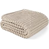 PAVILIA Super Soft Fleece Throw Blanket Twin Taupe Tan Camel, Fuzzy Plush Flannel Throw, Warm Cozy Ribbed Microfiber Blanket for Sofa Couch Bed, Lightweight Striped Blanket, Taupe, 60x80