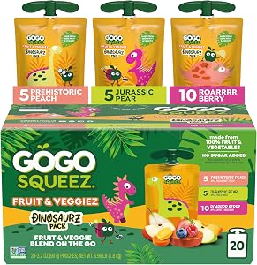 GoGo squeeZ No Sugar Added Jurassic Fruit & veggieZ Applesauce, 20 Count | Kids On The Go Fruit & Veggie Snack with Pear, Ber
