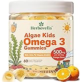 Algae Omega 3 Gummies for Kids - 500mg with DHA, Phosphatidylserine, Vitamin D3 & K2 - Sugar Free DHA Supplement for Brain& Eye - Fish Oil Alternative - Vegan, 60 Count