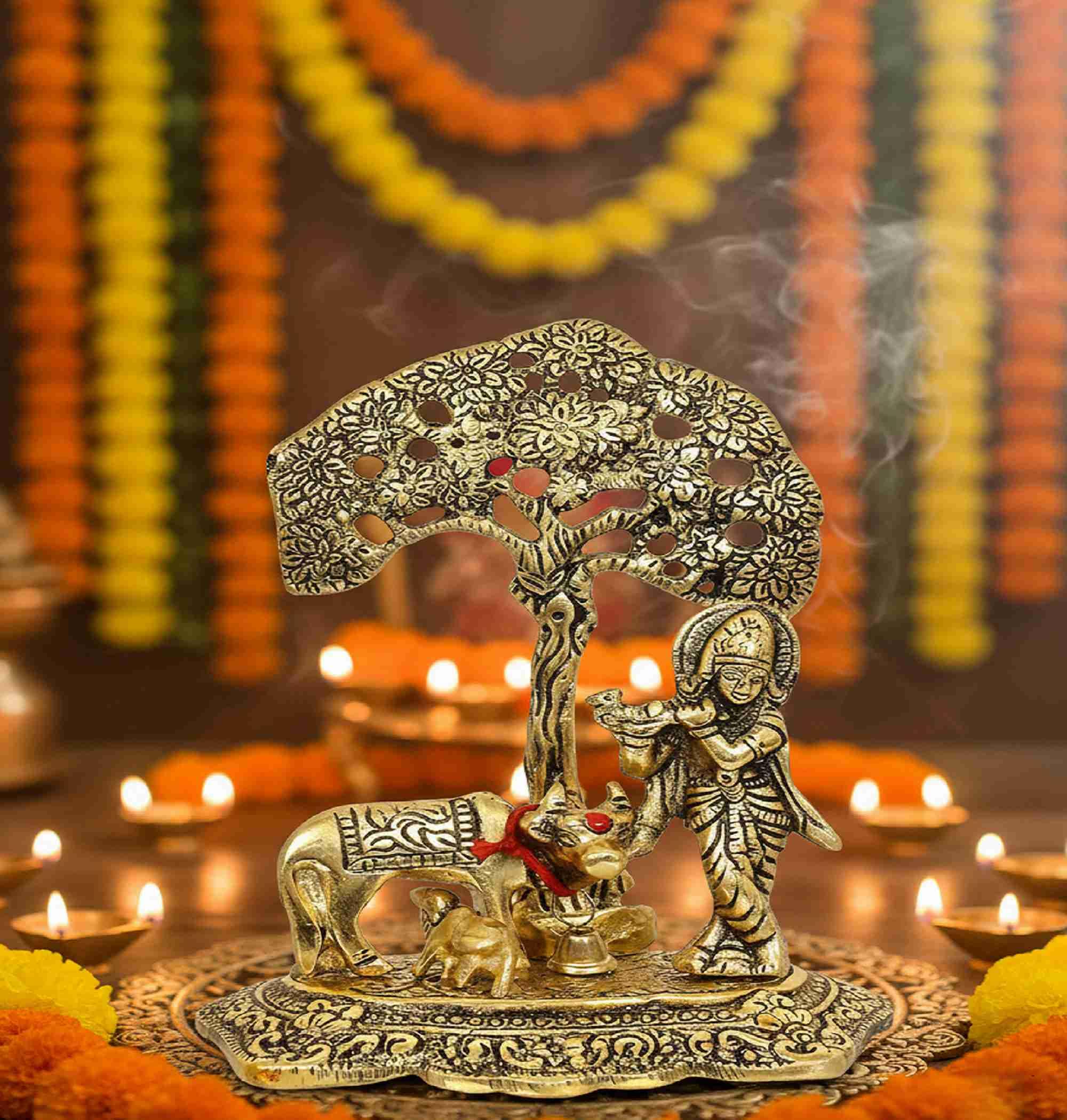 TIED RIBBONS Lord Krishna with Cow and Calf Idol for Pooja, Mandir, Office, Temple | Brass Murti Home Decoration Hindu God Statue Metal, 6.6 x 5.1 Inch | Pongal Decorations for Home, Return Gifts