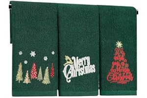 Quera 3 Pack Christmas Hand Towels 100% Cotton Embroidered Green Bathroom Decor Decorative Kitchen Towels Set for Drying, Cleaning, Cooking, Holiday Towels Gift Set