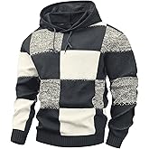 KAVIANA Men's Checkerboard Hooded Sweater Color-Block Hoodie Waffle-Knit Textured Pullover Casual Retro Streetwear